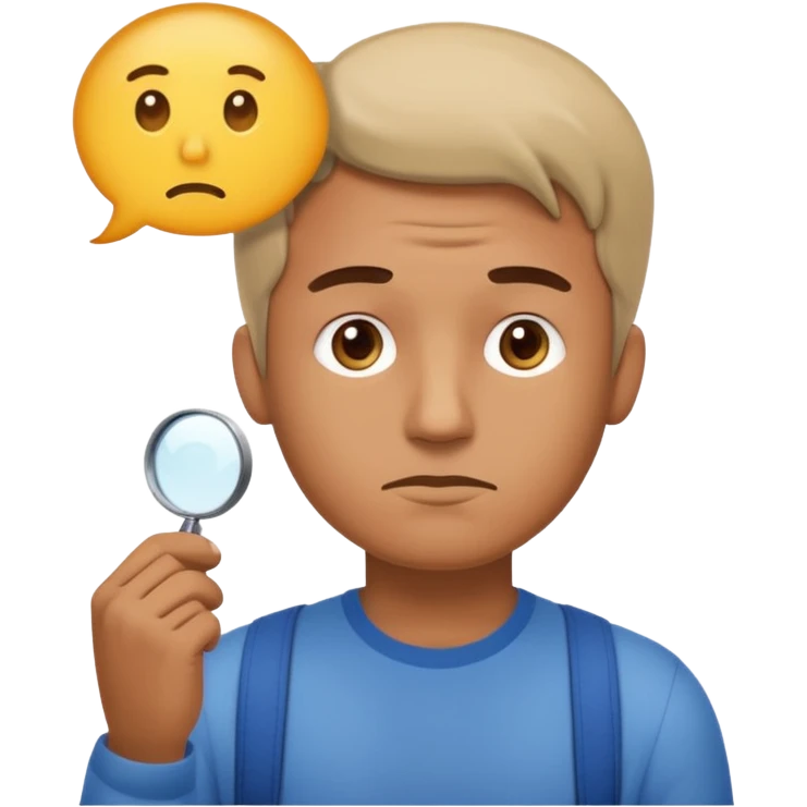 Realistic emoji-style man in simple everyday clothes, looking thoughtful and analytical. A thought bubble above his head shows a critical-thinking icon (question mark + magnifying glass). Soft lighting, expressive critical facial expression. emoji