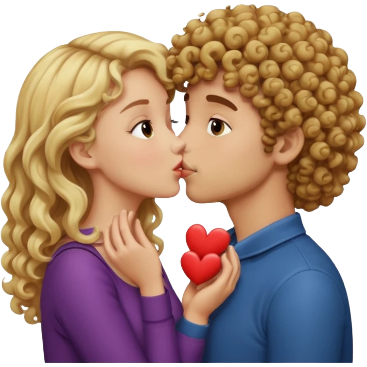 Brown curly haired boy kissing blonde girl emoji