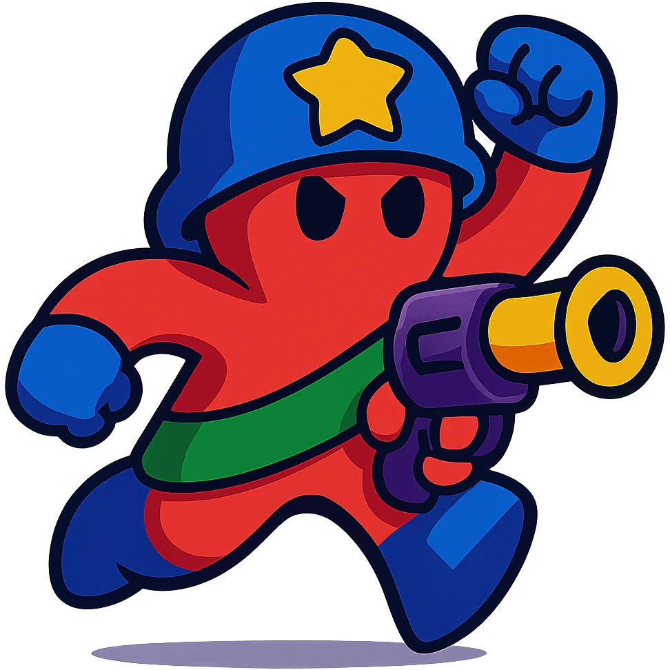 meeple character inspired by Brawl Stars, dynamic pose, colorful, energetic, cartoon style emoji