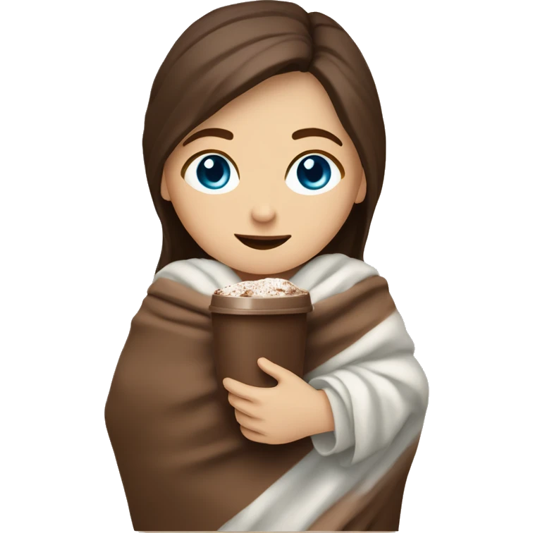 White Girl with blue eyes and brown hair seating with cocoa in her hands and covered with blanket  emoji
