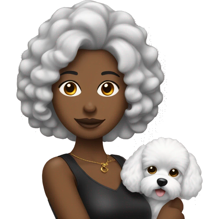 mujer con peinado largo negro con perro bichon  emoji