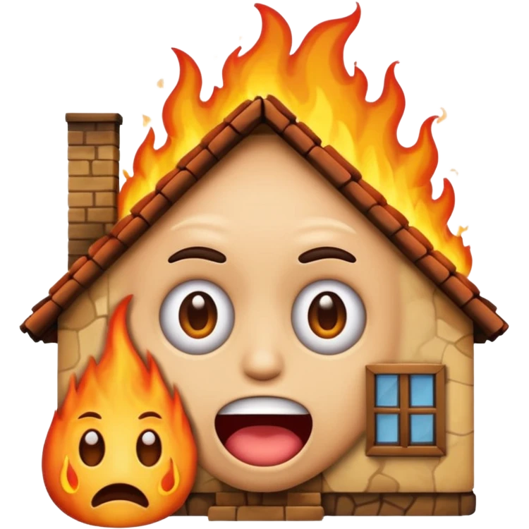 Create a comically crazy looking emoji that looks lost and confused. Have it related to emotional damage for theme with a house burning in background emoji