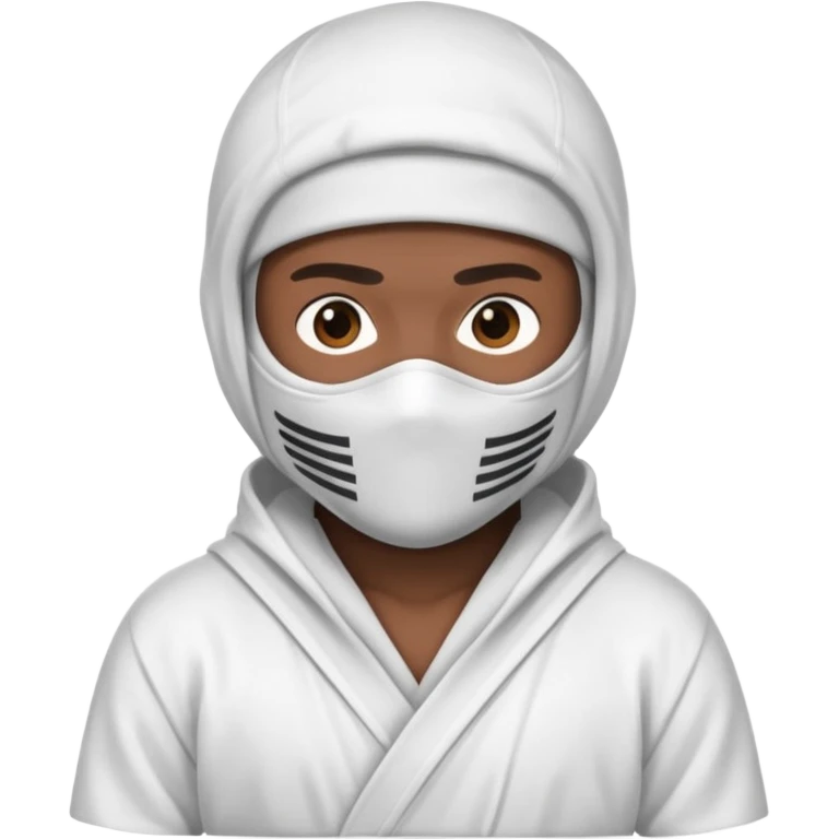 All white ninja robe with no black with white ski mask to cover face and neck with a hoodie on and dark brown skin color emoji