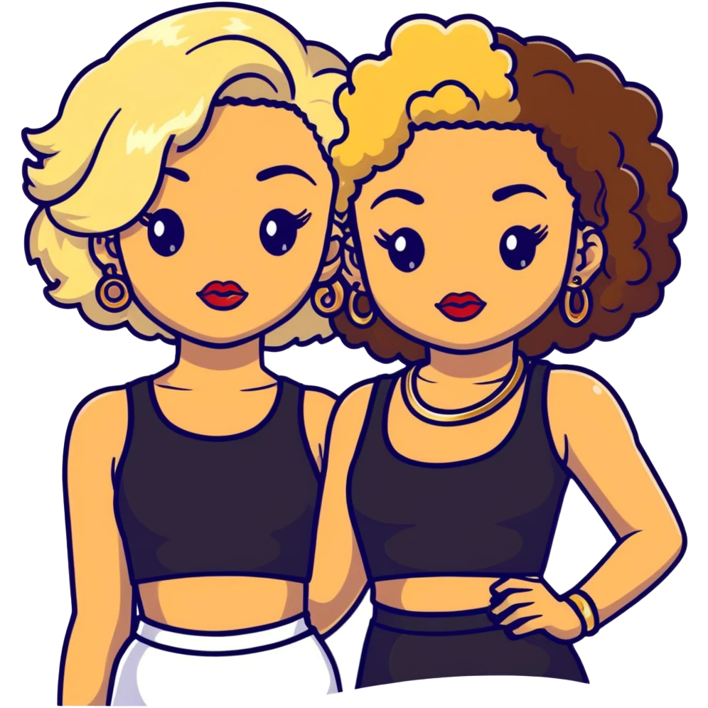 Two teenage girls together, one white with blonde hair and one brown-skinned with curly dark hair, both with heavy makeup, big lips, crop tops, gold jewelry and flashy choni style outfits emoji