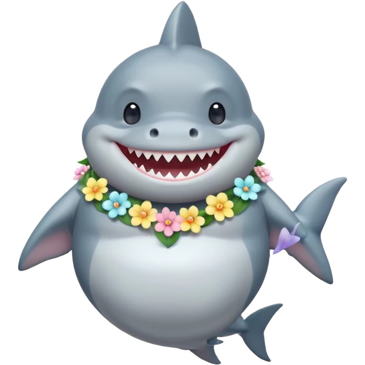 A cute chubby shark with pastel flower necklace, posing proudly. emoji