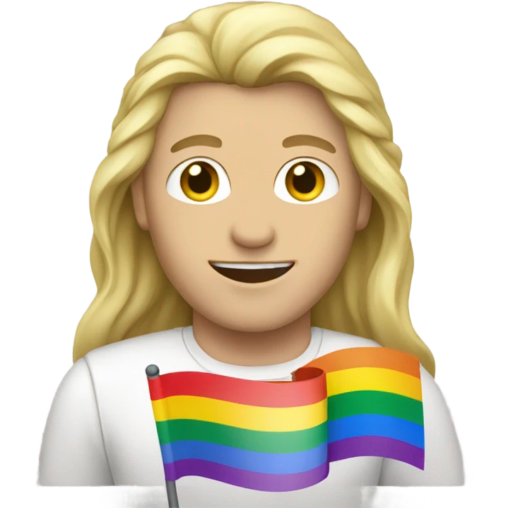 caucasian man with long blonde hair holding rainbow flag emoji
