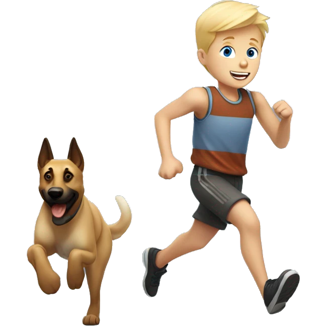 blond boy with blue eyes running with his malinois dog emoji