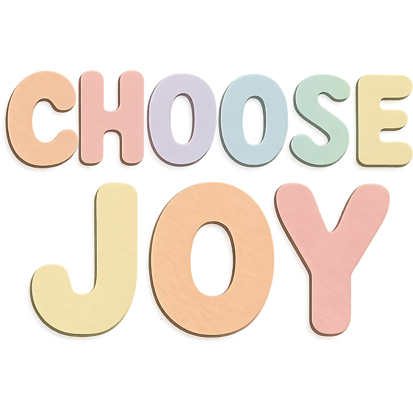 "Choose Joy" in soft pastel rainbow rounded letters, cute bubble font, no frame, transparent background emoji