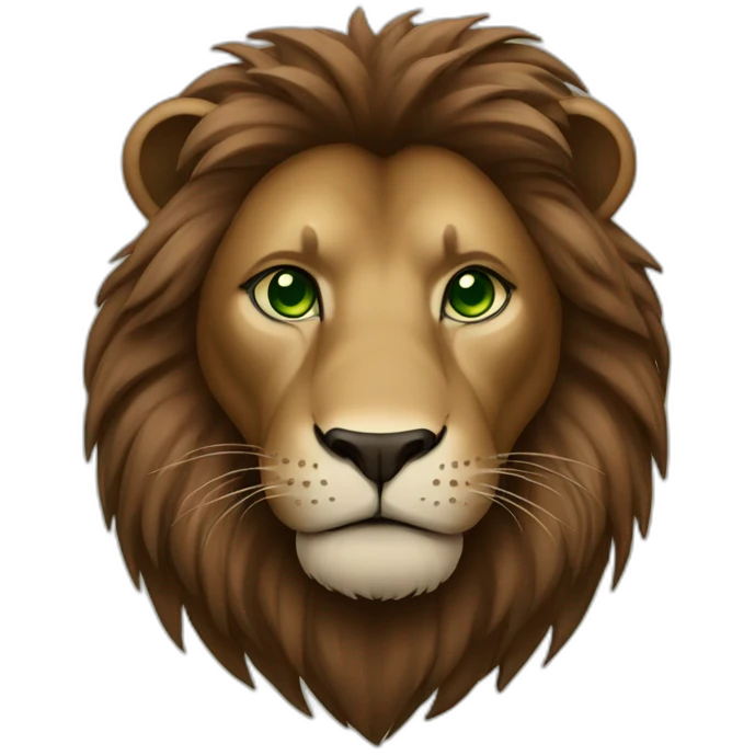 brown lion with a dark brown mane and green eyes emoji