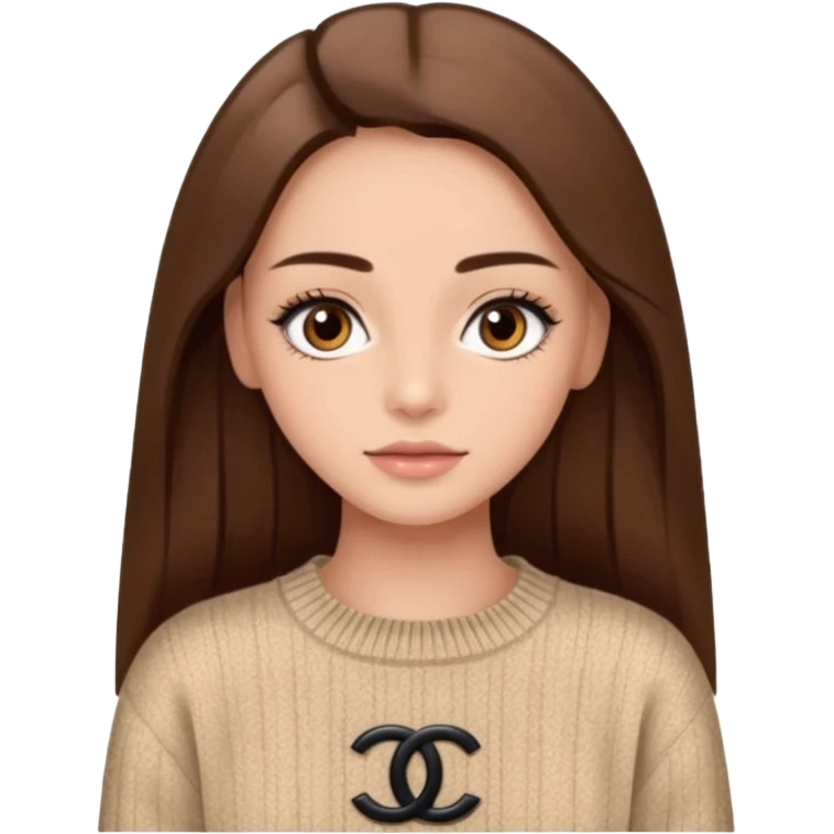 Une fille avec des faux cils, des yeux, marrons, des cheveux lisses un pull Chanel emoji
