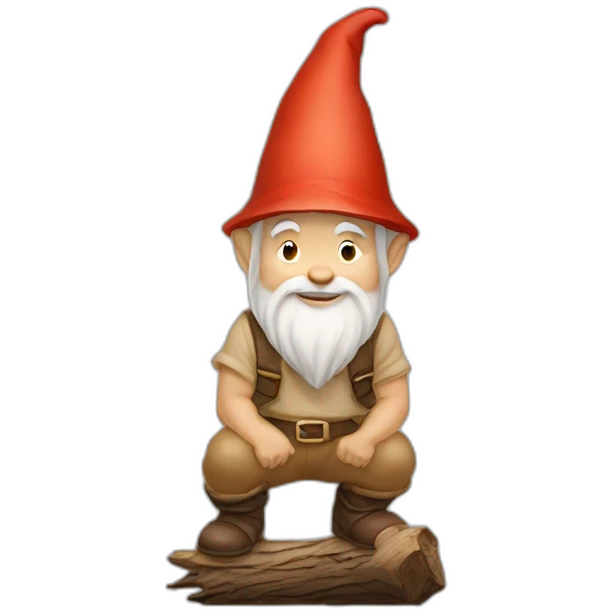 side view of gnome with light tan pants squatting on top of small brown log emoji
