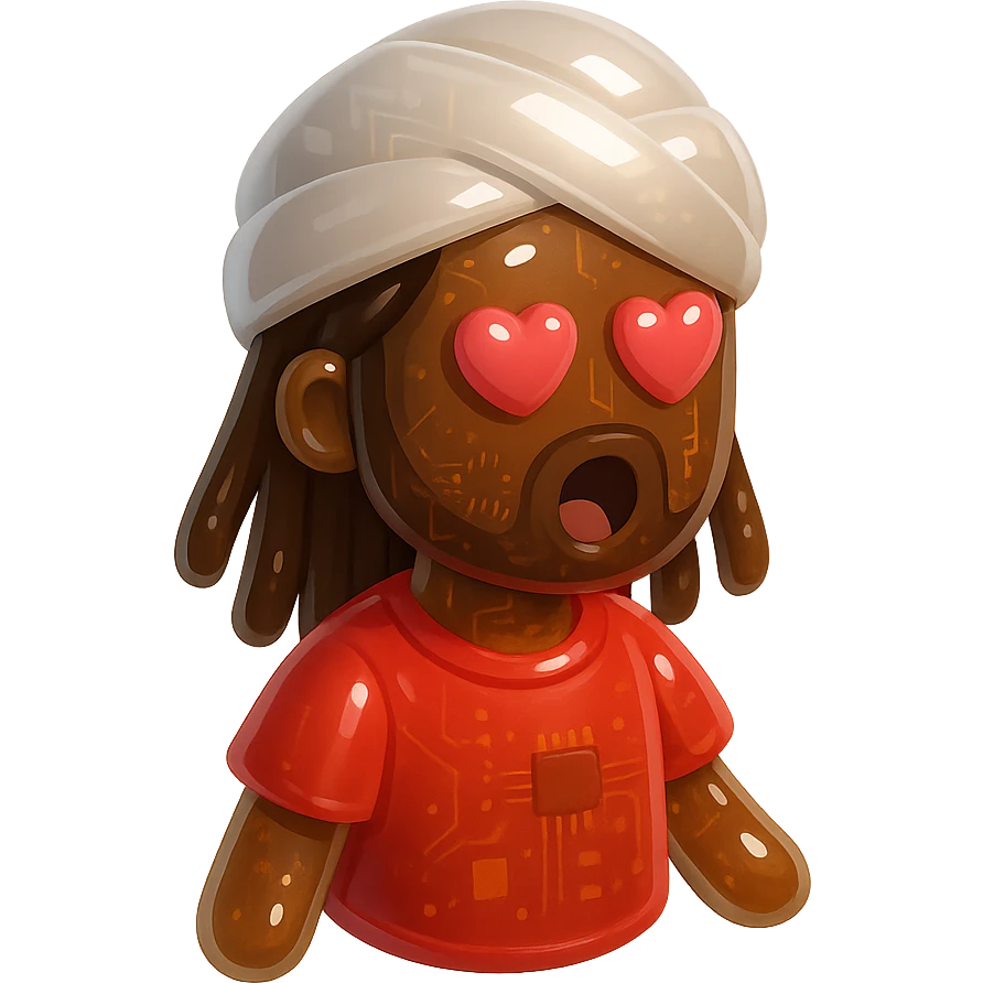 Brownskin man with long brown dreadlocks 
red t-shirt 
white turban 
expression is in love 
his eyes mouth open  emoji