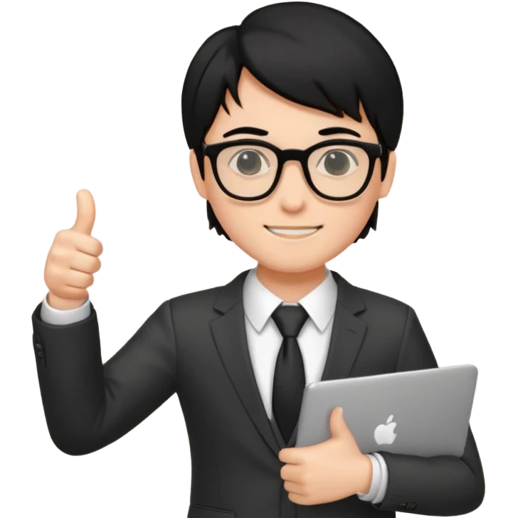 un estudiante con lentes y su laptop CON TERNO Y CABELLO NEGRO,   DANDO LIKE emoji