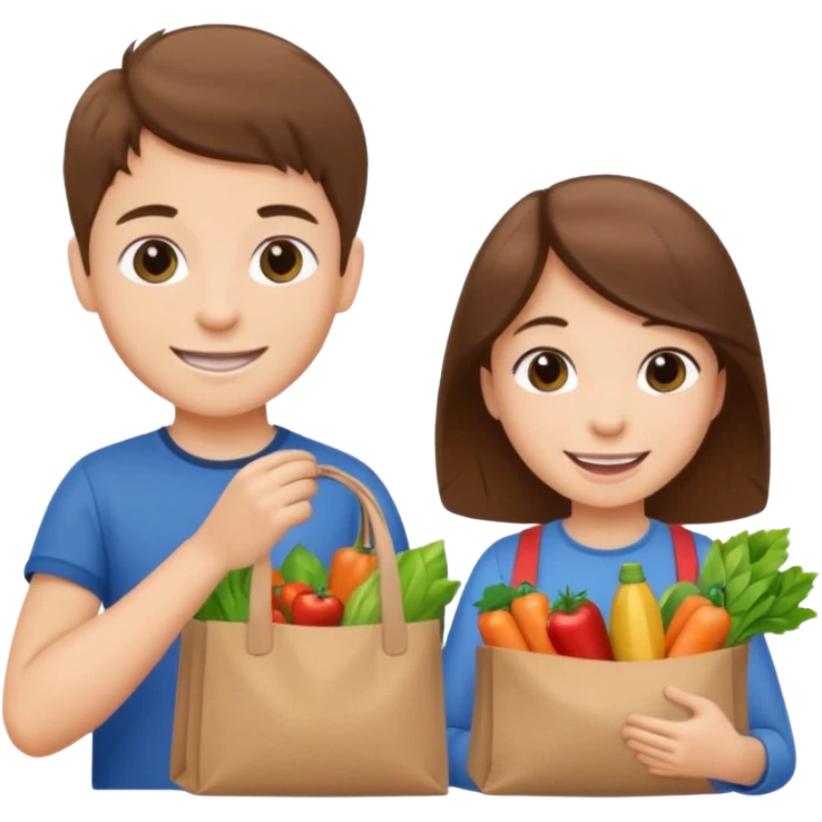 caucasian kids putting groceries in bags smiling brown hair emoji