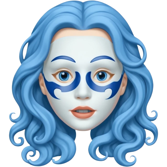 Life like mask of female with long wavy blue hair, empty eyes and mouth emoji