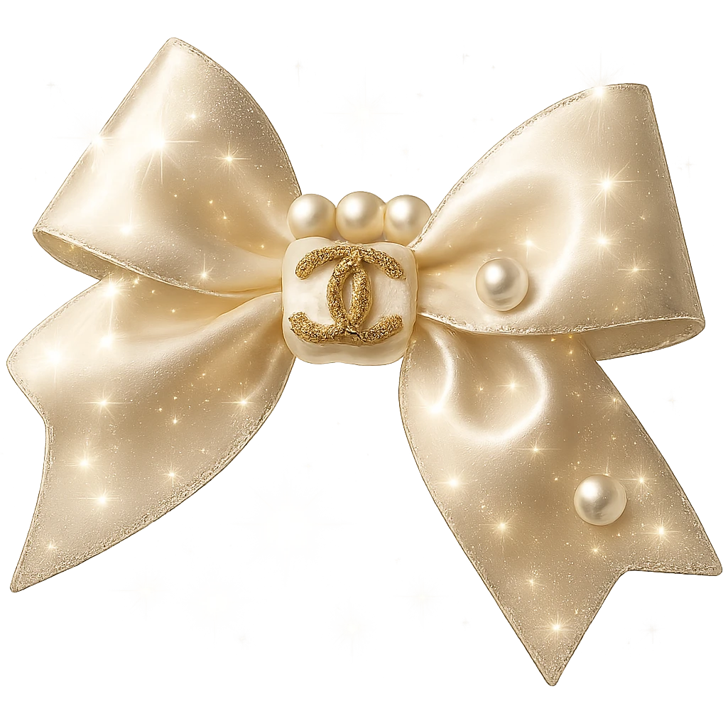 Add sparkling effects to the elegant bow with pearls and gold Chanel logo, glossy, soft lighting, realistic style, with a solid white background. The image should have a clean and solid white background to highlight the sparkling and glossy details with soft lighting effects. emoji