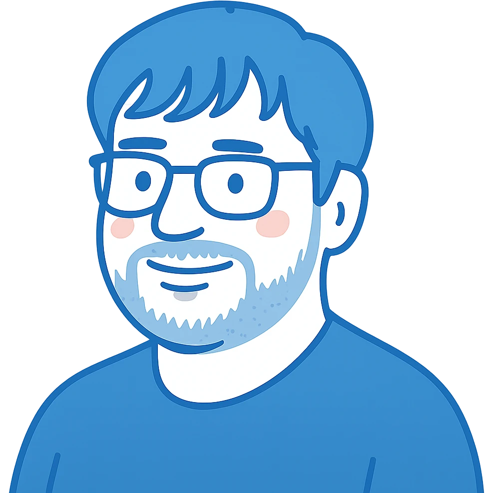A man with glasses, longer messy hair with bangs, a round face shape but not overweight, a broader nose, and a short fine beard. Using blue colors instead of black for the lines and details. emoji
