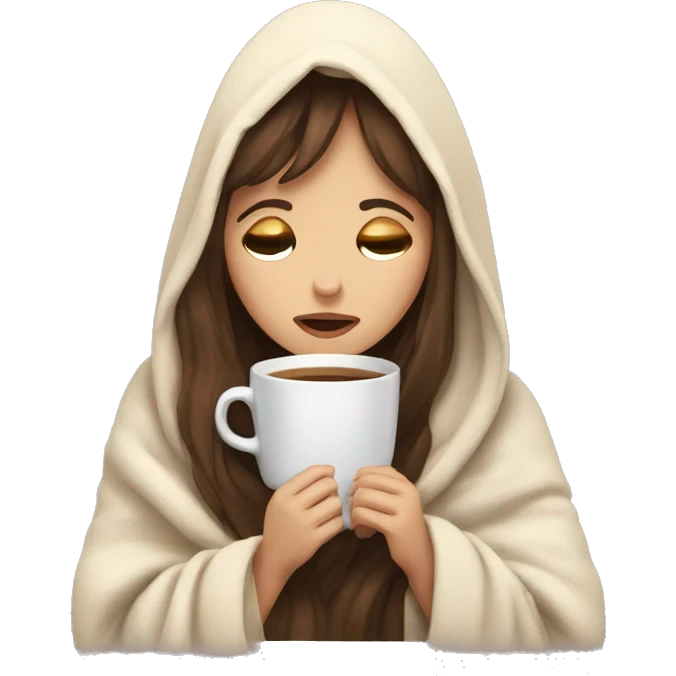 girl inside a blanket sipping coffee eyes closed white skin, brown hair and bangs emoji