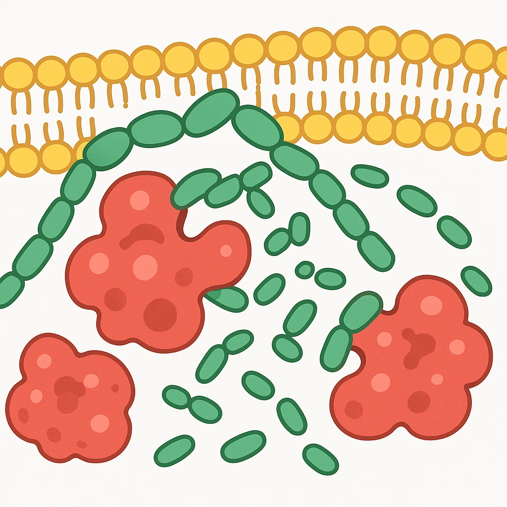 Ultra-detailed scientific illustration of enzyme digestion: Red amylase molecules (3D, globular protein structure) breaking down green starch polymers (chain of glucose units) into maltose near a yellow phospholipid bilayer membrane. Macro molecular view, clean white background, no text, no human figures or cartoon characters. Purely biological focus. emoji