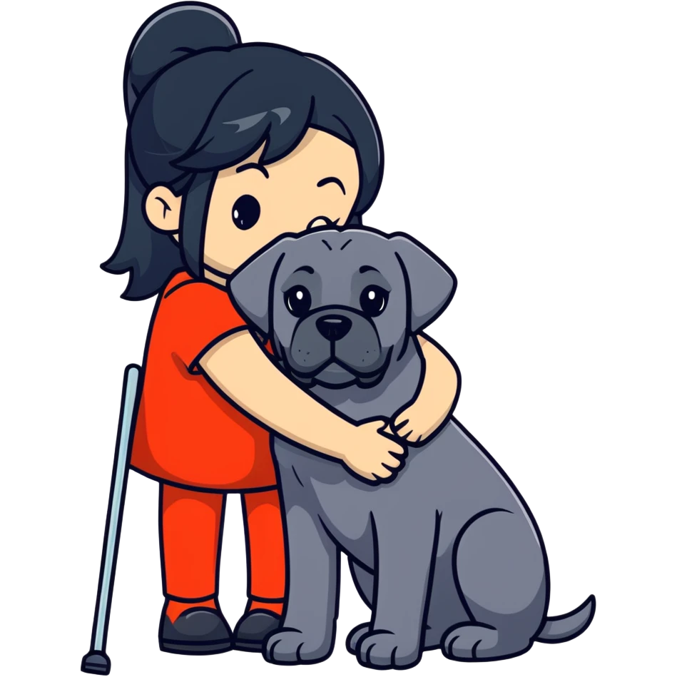girl with long black hair hugging a black Cane Corso dog emoji