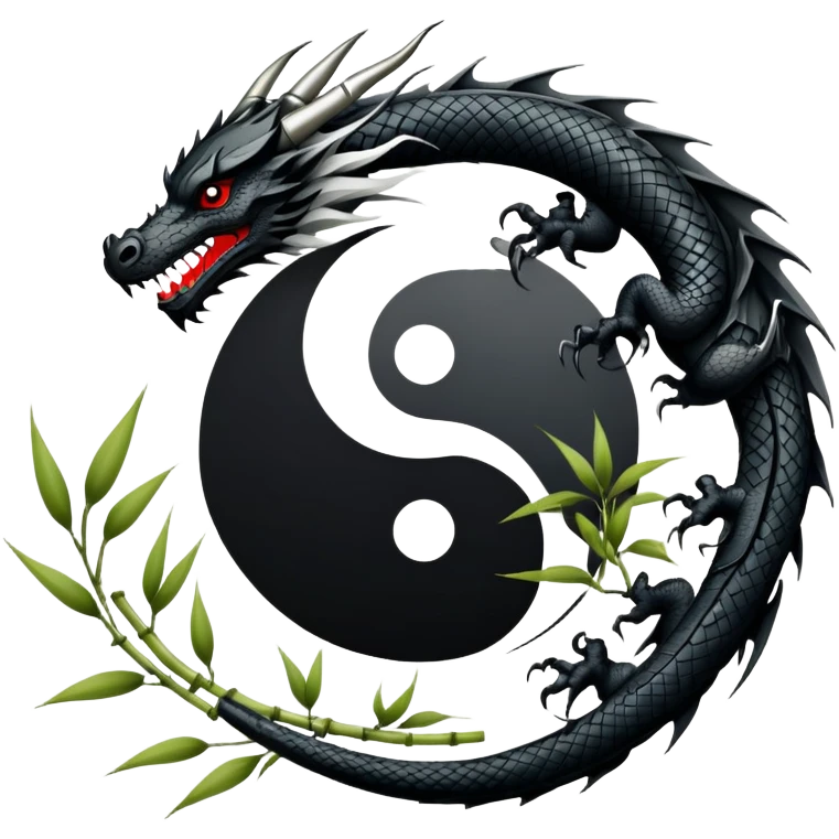 An icon symbolizing Eastern martial arts in the style of an emblem, featuring a black-and-white Yin-Yang symbol and a dragon at the center, surrounded by elements like a dojo. Transparent background highlights balance and power. emoji