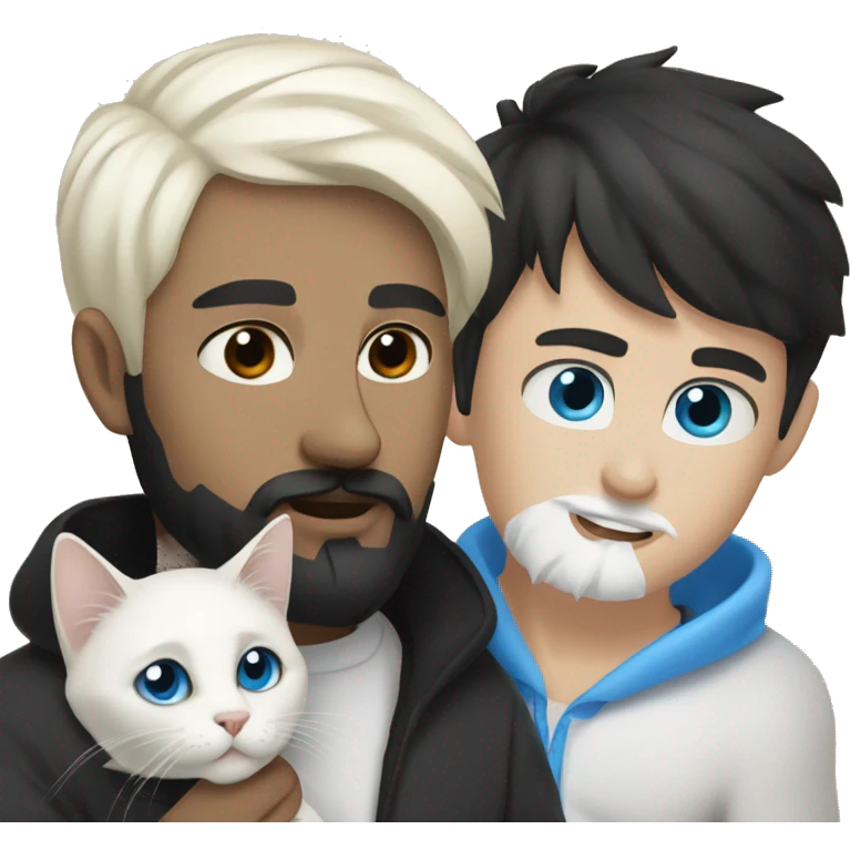 A guy with a black earing and black short hair and black beard and holding a all white Siberian cat with blue eyes  emoji