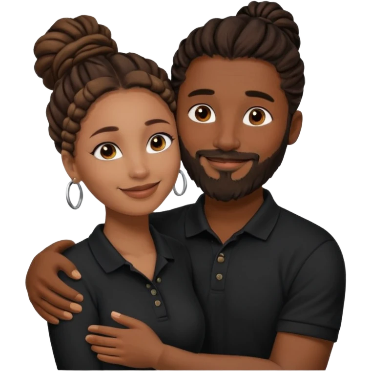 Couple emoji: smiling woman with brown skin, nose ring, makeup, hugging man with dark skin, beard, dreadlocks in a bun, wearing black polo. Warm, loving vibe. emoji
