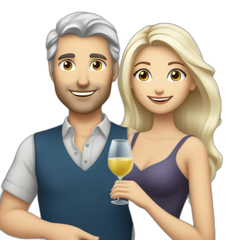 caucasian woman with brown eyes and blond medium long hair and a caucasian man with blue eyes and grey hair, toasting with a glass of white wine emoji