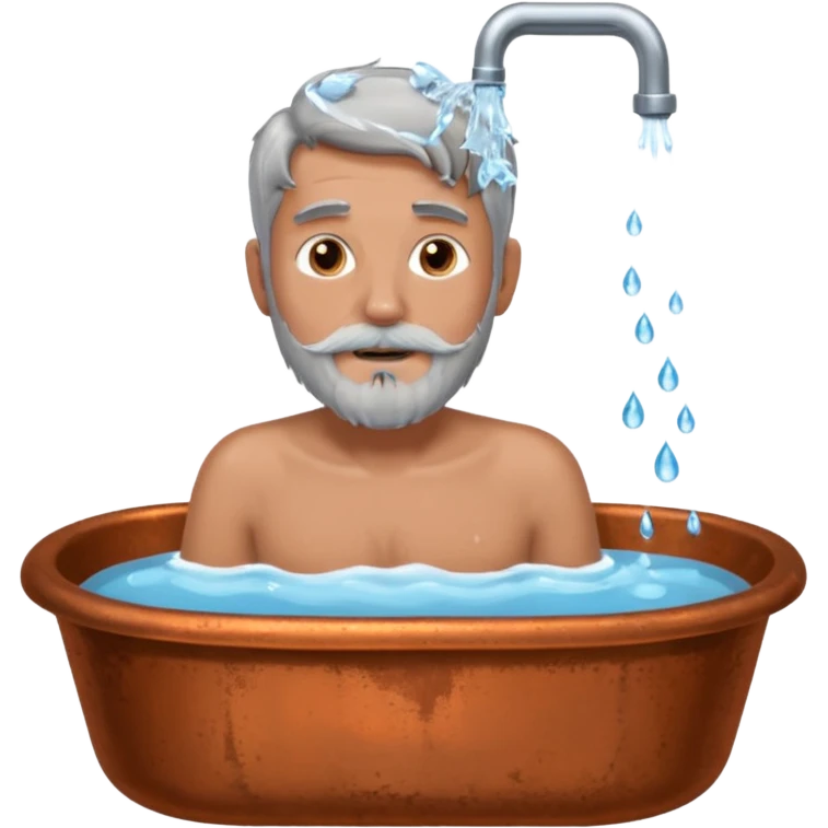 Man with grey hair and grey beard in old copper bath with water running from taps emoji