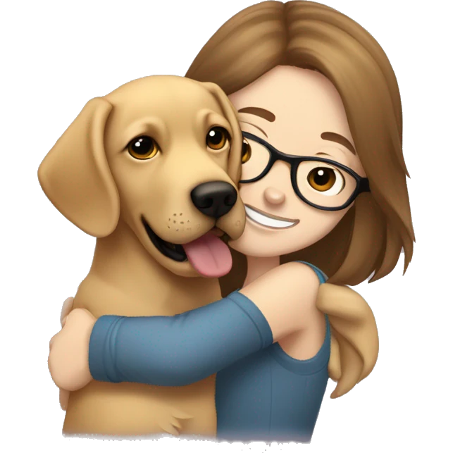 Golden Labrador retriever cuddles with a girl with brown hair, glasses and a nose piercing emoji