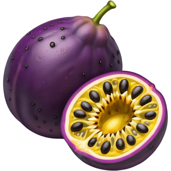 whole round purple passion fruit with slightly wrinkled matte skin next to a halved piece exposing vibrant yellow pulp filled with glossy black seeds juicy jelly-like texture bold contrast between rind and interior no leaf spoon or extras soft lighting subtle shadows emoji scale emoji