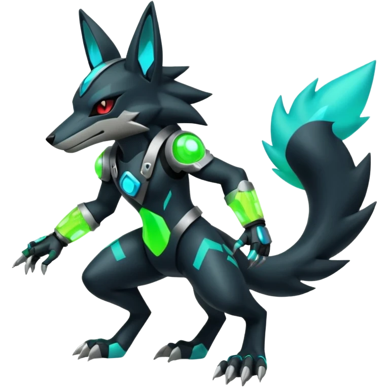 Black and green cyberpunk intricate neon glowing grey white futuristic cyborg-Lucario-Zeraora-Zoroark-Luxray-fusion (full body) emoji