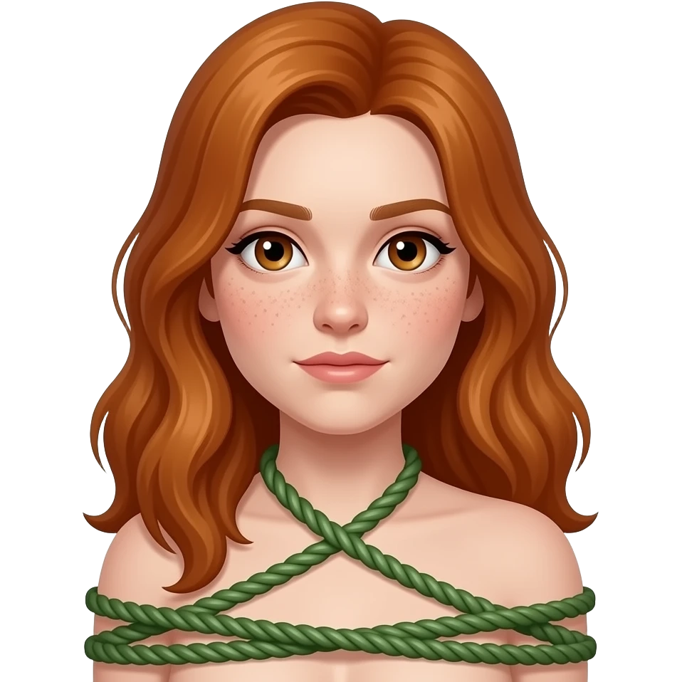 Light skin with freckles, long red hair, hazel eyes submissive, bound in green rope emoji