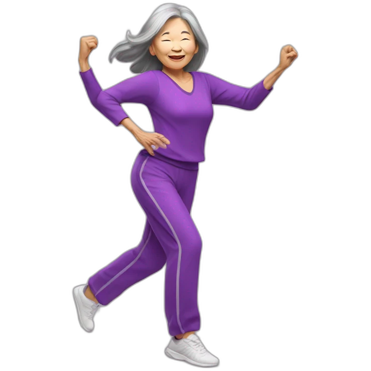 long hair Asian senior woman with bang in purple outfit dancing Zumba emoji