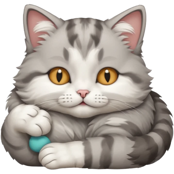 grey and white small cat with its eyes closed lying down with its paw curled and holding up his head emoji