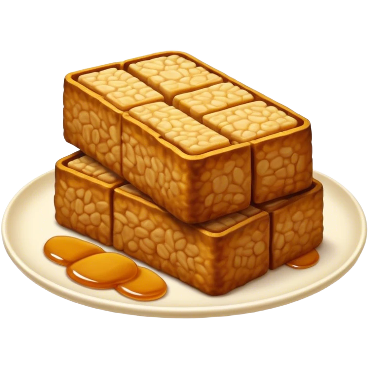 Tempeh Cinematic Realistic Tempeh Dish Emoji, depicted as crispy, sliced portions of fermented soy cake with a golden-brown finish, rendered with detailed textures and warm, inviting lighting. emoji