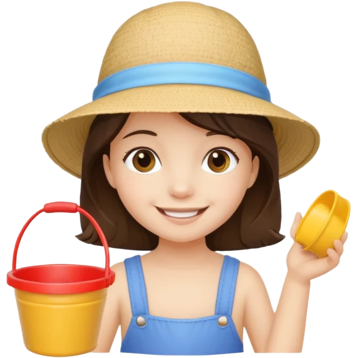 brunet kid girl with toy sand bucket wear sun hat emoji