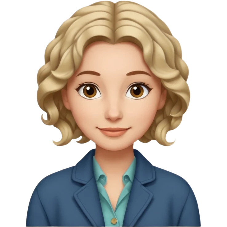 Женщина с волнистыми волосами, собранными в низкий пучок, спокойная улыбка, однотонный жакет или кардиган, стиль сдержанно-элегантный. emoji