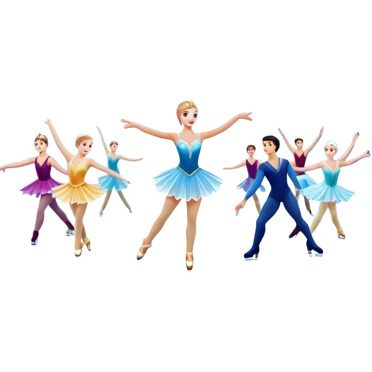 An icon of a theatrical ice show with close-up costumed figure skaters performing a dramatic scene on a glowing ice stage. Spotlights, colorful scenery, and a cheering audience in a grand arena convey the magic and artistry of the ice performance. Transparent background included. emoji