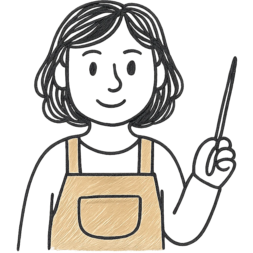 teacher with medium brown hair and brown eyes, wearing a mustard-colored apron, hand-drawn style emoji