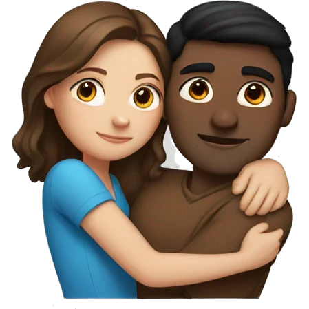 Couple embracing with arms around each other; white woman with blue eyes and brown hair, Indian man with black hair  emoji