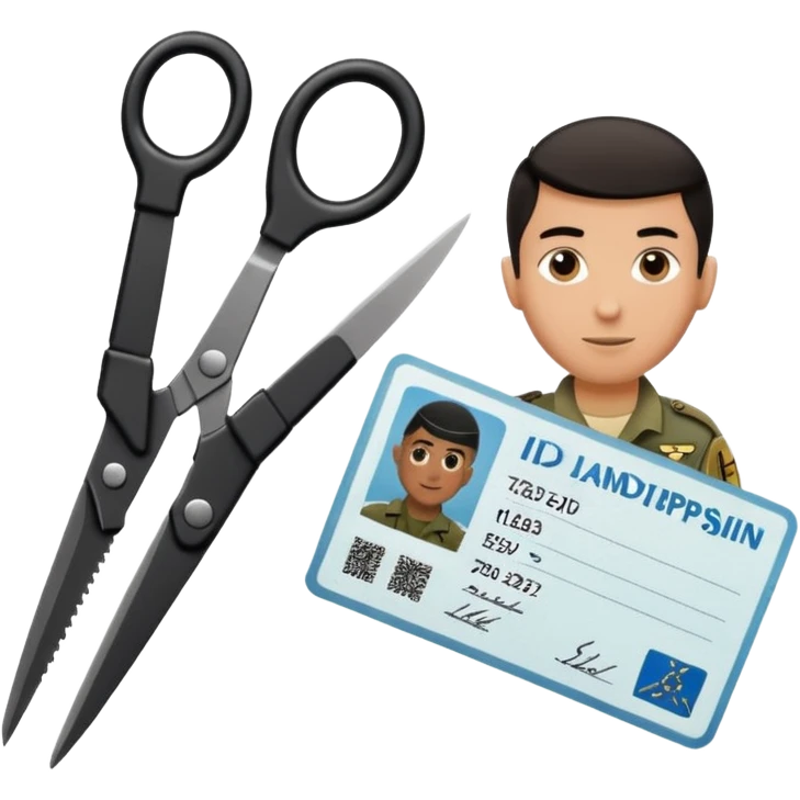 Floating black Scissors cutting in half an idf soldier ID card with a little chip in 2 parts emoji