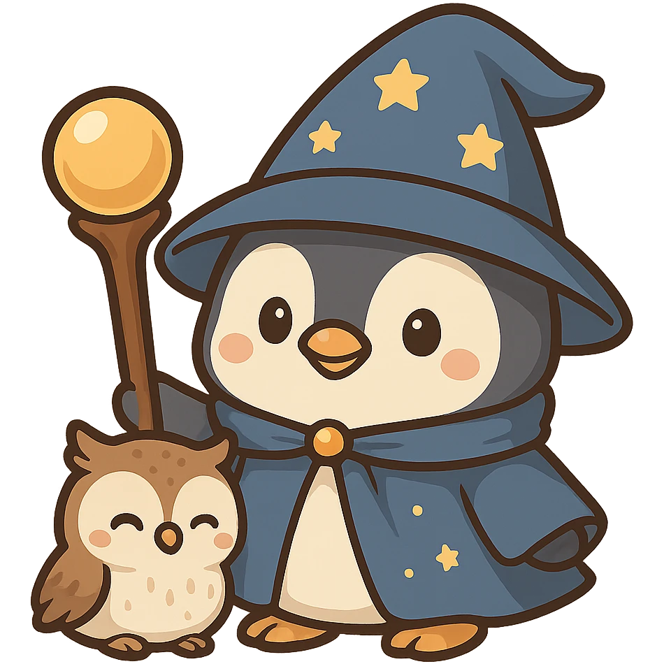 Add a cute pet owl next to the penguin wizard, keeping the whimsical chibi sticker style, with no background. emoji