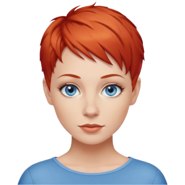 27 year old white woman, red hair, pixie cut, blue eyes emoji