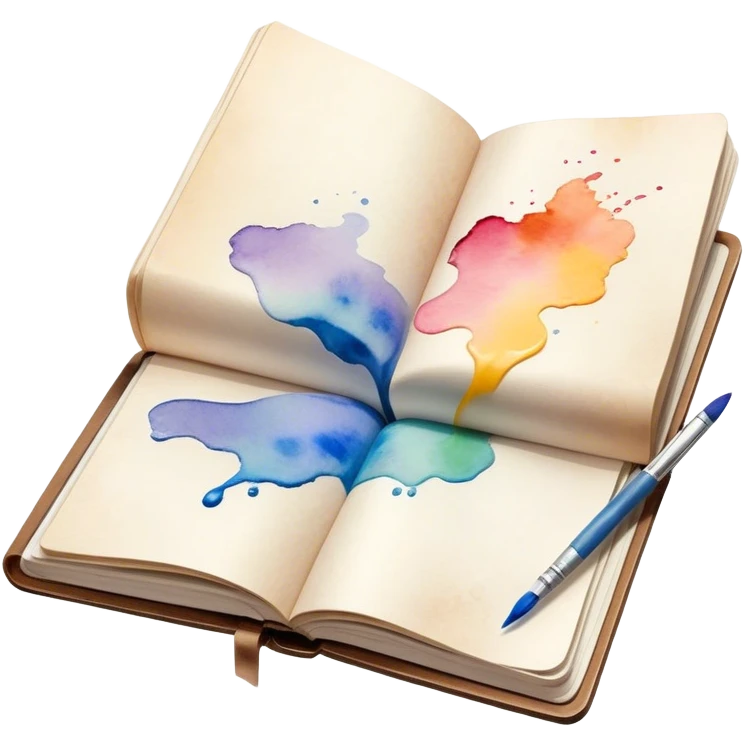 Cinematic Realistic image of an open sketchbook accompanied by a set of translucent watercolors, with delicate pigment stains and soft, flowing brushstrokes, captured under gentle, diffused lighting that highlights creative fluidity emoji