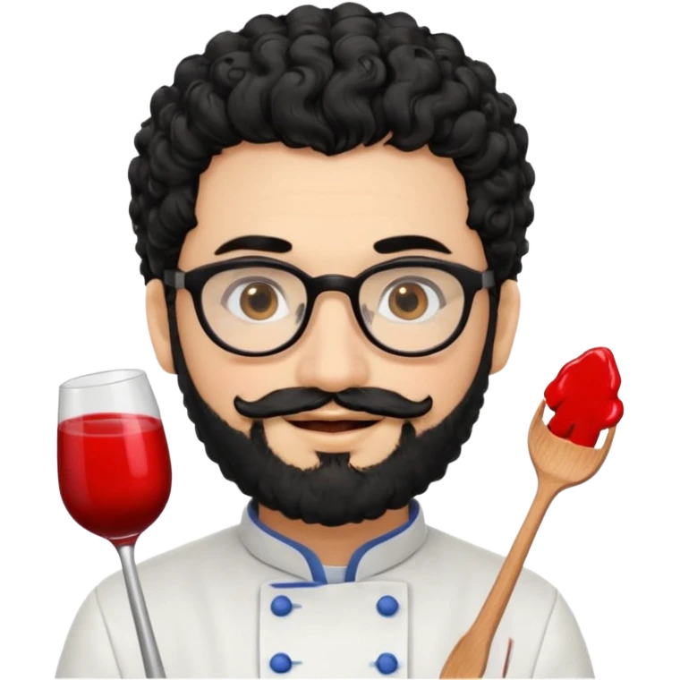 CHEF CON PELO NEGRO RIZO Y BARBA NEGRA, OJOS MARRON OSCURO Y GAFAS DE PASTA NEGRAS. SONRIE Y TIENE MARCAS DE BESOS CON FORMA DE LABIOS EN LAS MEJILLAS (COMO MANCHAS DE PINTALABIOS) emoji