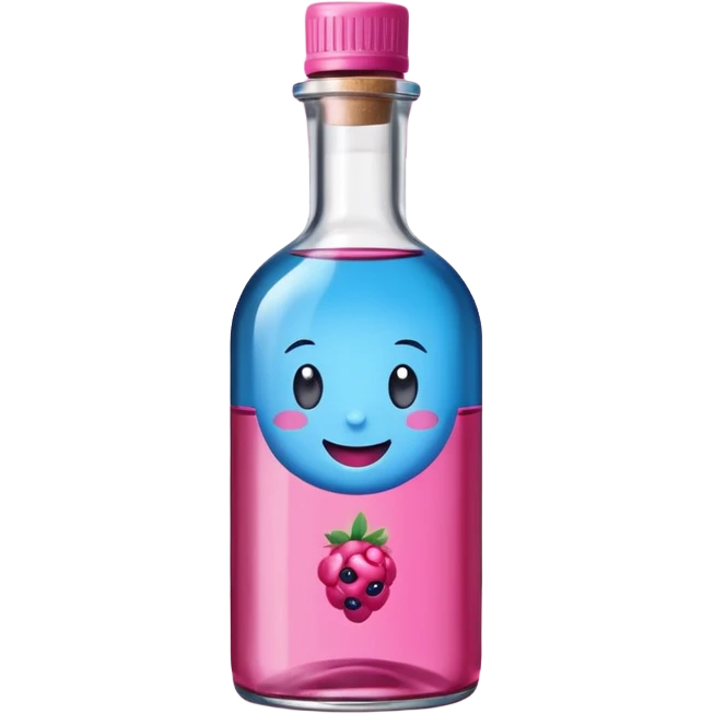 Smiling bottle of oil blue top pink outside with logo that says berry oil emoji
