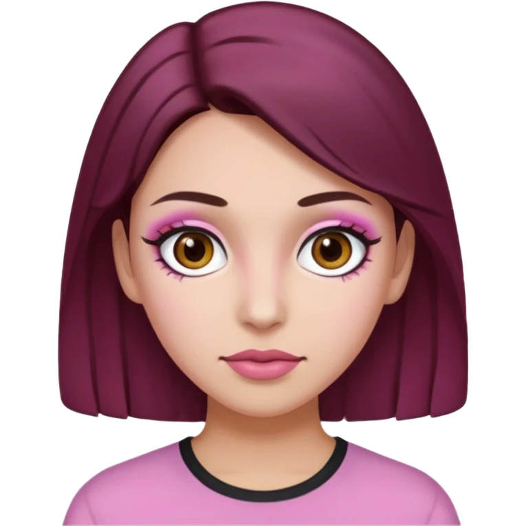 Woman with pink all skin, white background, dark brown hair and hazel eyes and brown eyebrows emoji