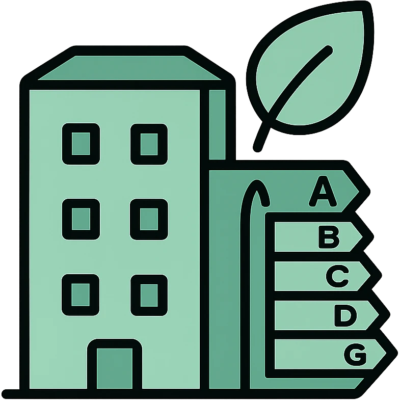 Skeuomorphic green building certification icon with mint green #B5F4D3 and black #111111 color scheme, showing a building with energy efficiency rating, clean symmetric design with subtle depth and soft light emoji