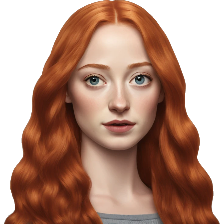 Sophie Turner long red hair, teenager, Sansa Stark, hyperreal, photoreal portrait emoji
